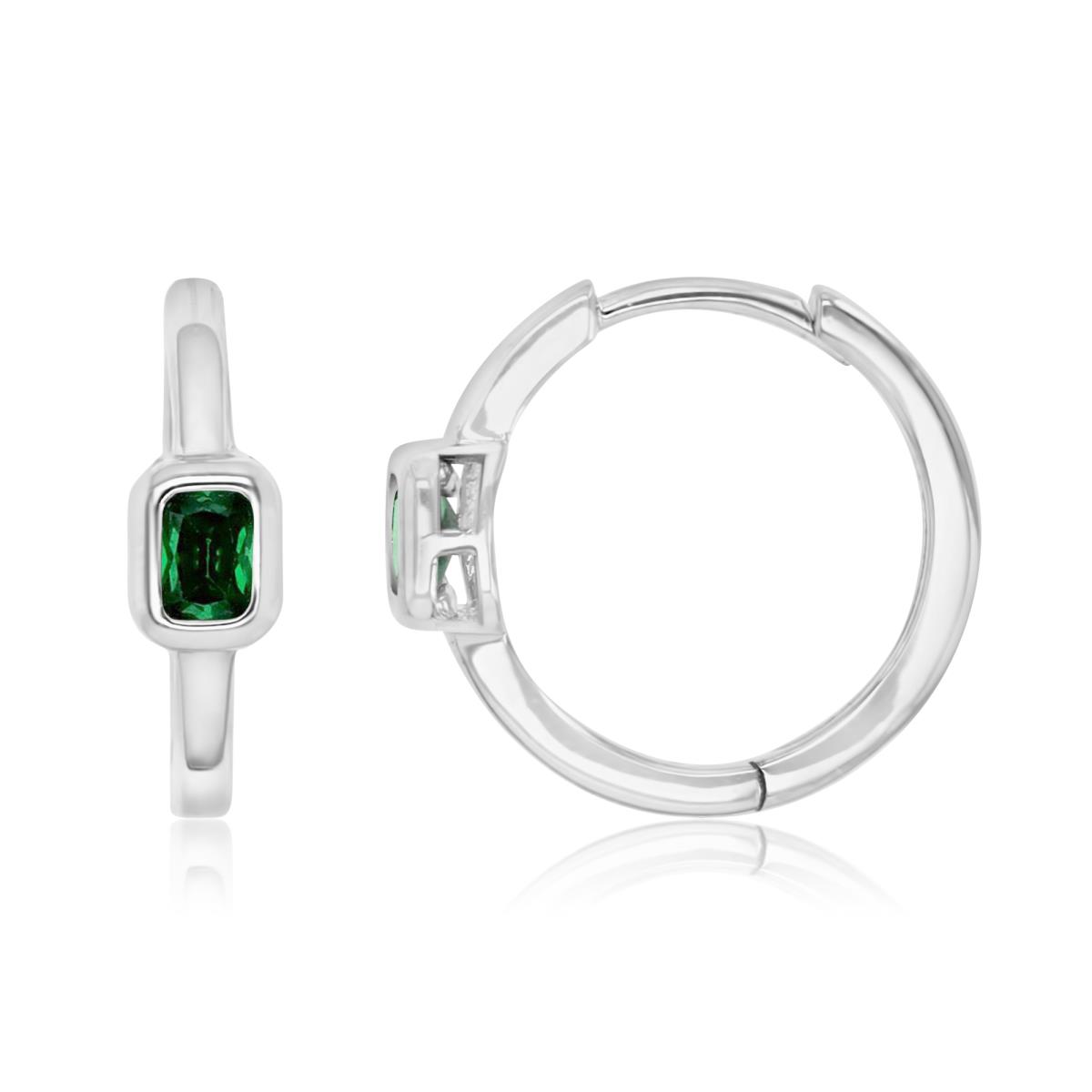Sterling Silver Rhodium 15.5X4.5MM Polished Green CZ Emerald Cut Hoop Earrings