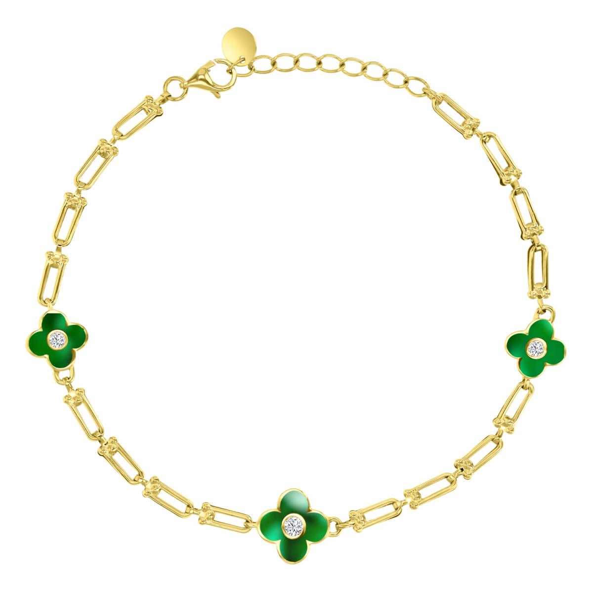 14K Yellow Gold 10MM & 8MM White CZ & Green Enamel Clover U Ppaer Clip Link 7+1" Bracelet