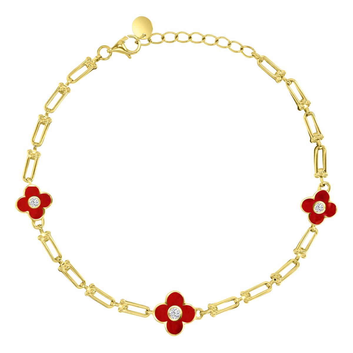 14K Yellow Gold 10MM & 8MM White CZ & Red Enamel Clover U Paper Clip Link 7+1" Bracelet