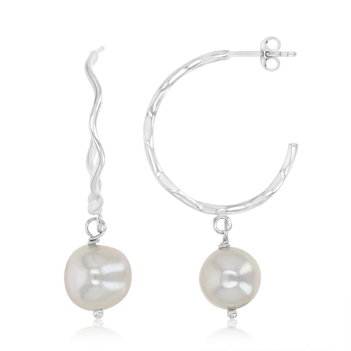 Sterling Silver Rhodium 9-10MM White FWP Dangling Hoop Earrings