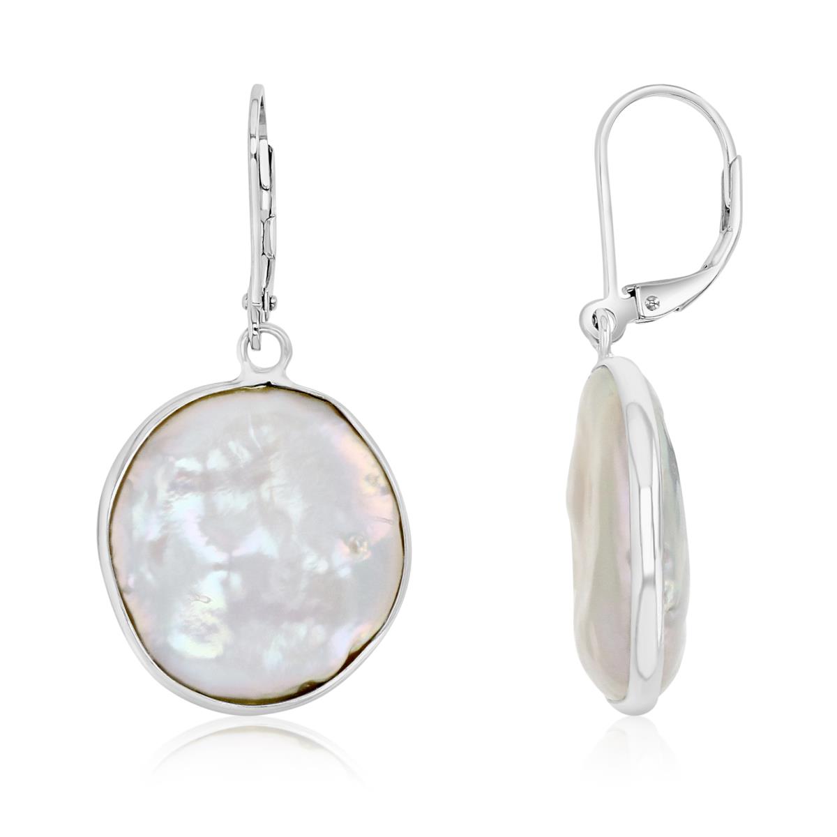 Sterling Silver Rhodium 19.5MM White Coin Pearl Dangling Lever Back Earrings