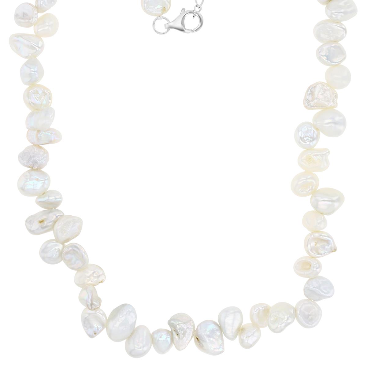 Sterling Silver Rhodium 7-8MM Irregular White Keshi Pearl 18+2" Necklace