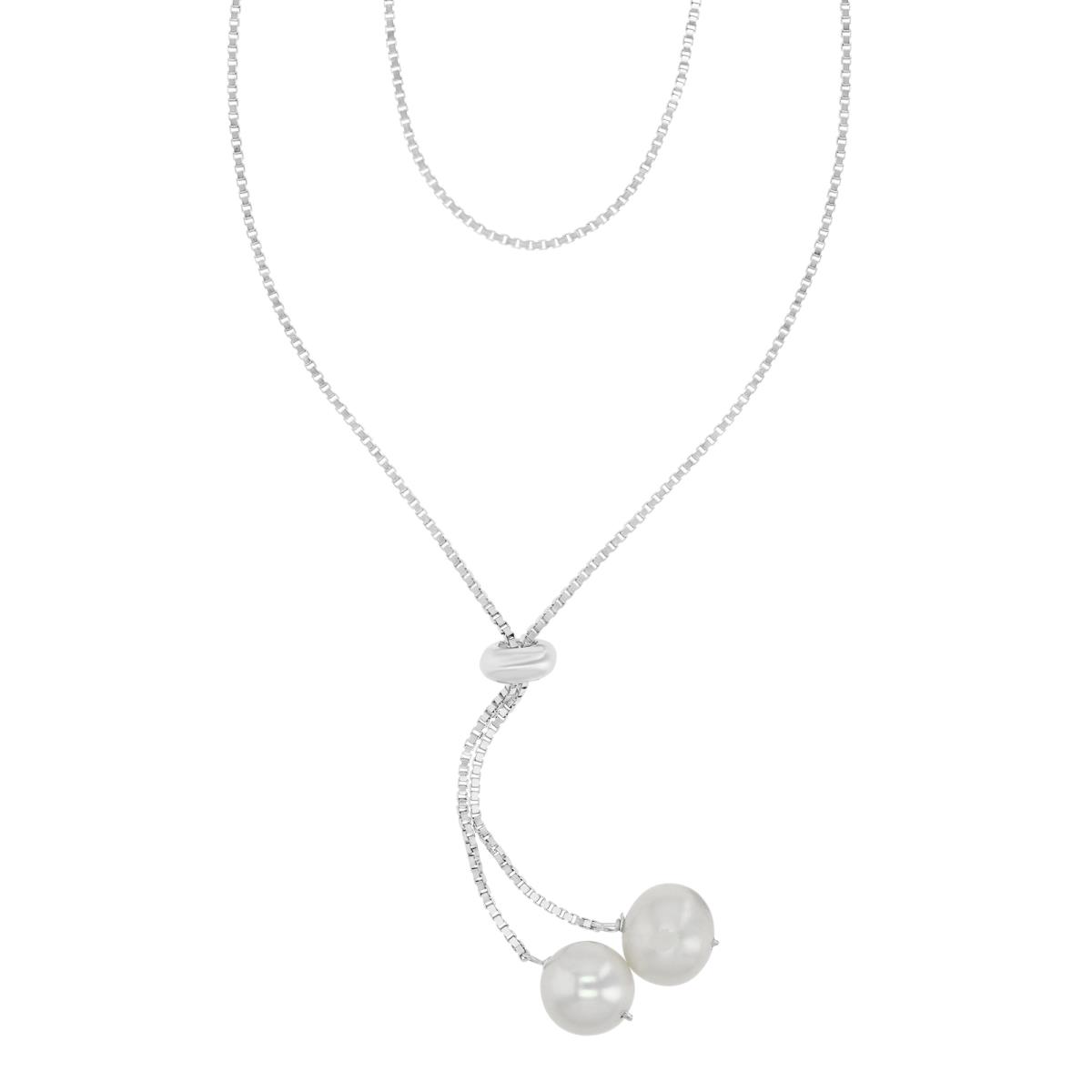 Sterling Silver Rhodium 8MM Round White FWP Adjustable Dangling 32" Necklace