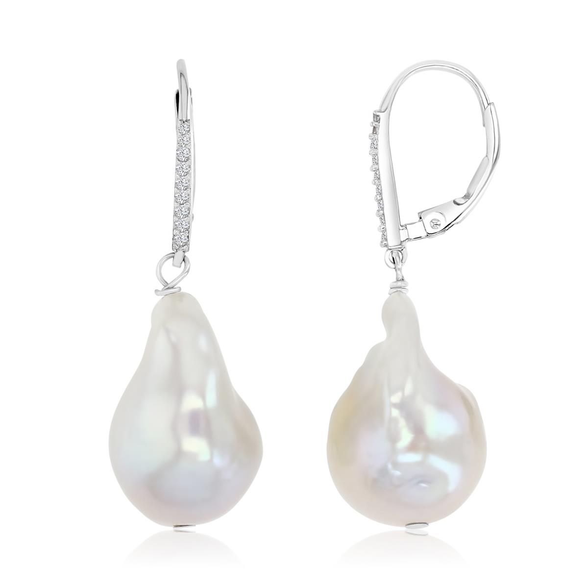 Sterling Silver Rhodium 15x20MM Irregular Baroque White Pearl & White Zircon Dangling Earrings
