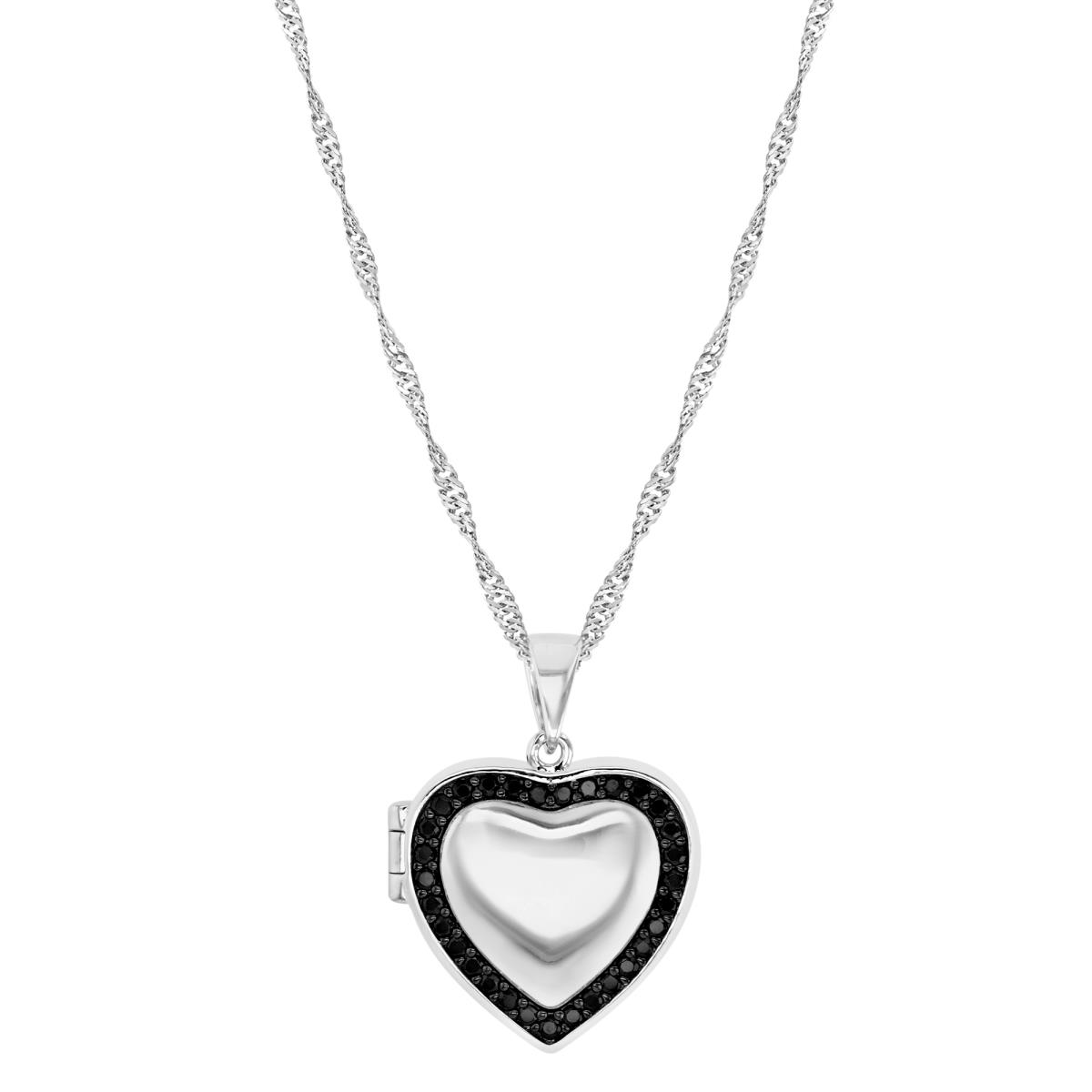Sterling Silver Black & White 30MM Polished Black Spinel Heart Medallion 18+2" Singapore Necklace