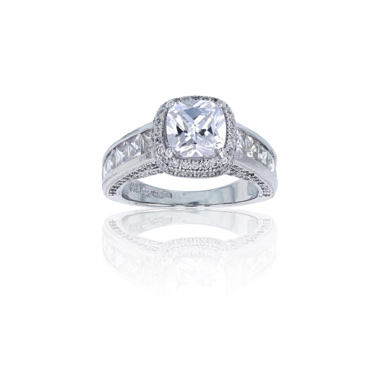 Sterling Silver Rhodium Princess Cut Halo & Baguette Engagement Ring