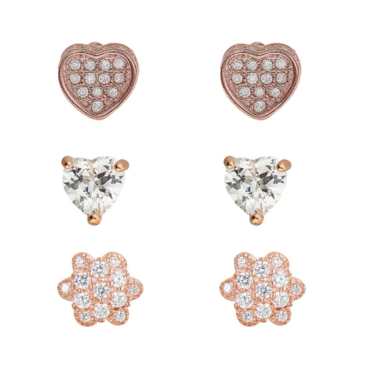 Sterling Silver Rose Pave Heart, Flower and 4mm Heart Solitaire Stud Set