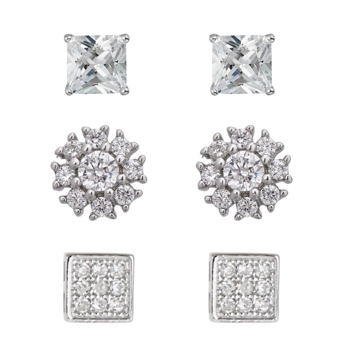 Sterling Silver Rhodium Pave Flower, Square and 5mm Sq Solitaire Stud Set