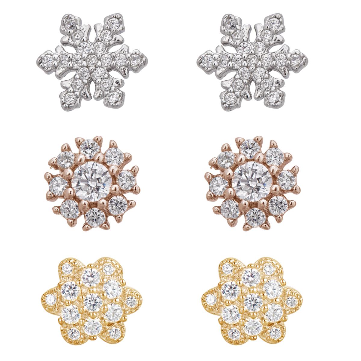 Sterling Silver Tricolor Pave Snowflake and Flower Stud Set