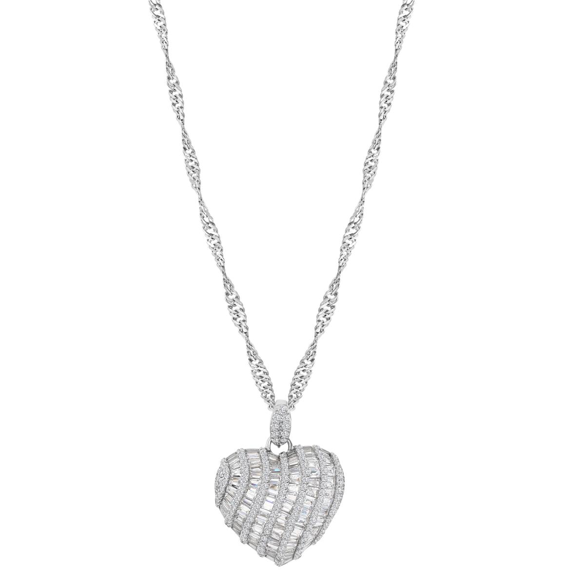 Sterling Silver Rhodium 26MM Polished White CZ Pave & Baguette Cut Heart 18+2" Singapore Necklace