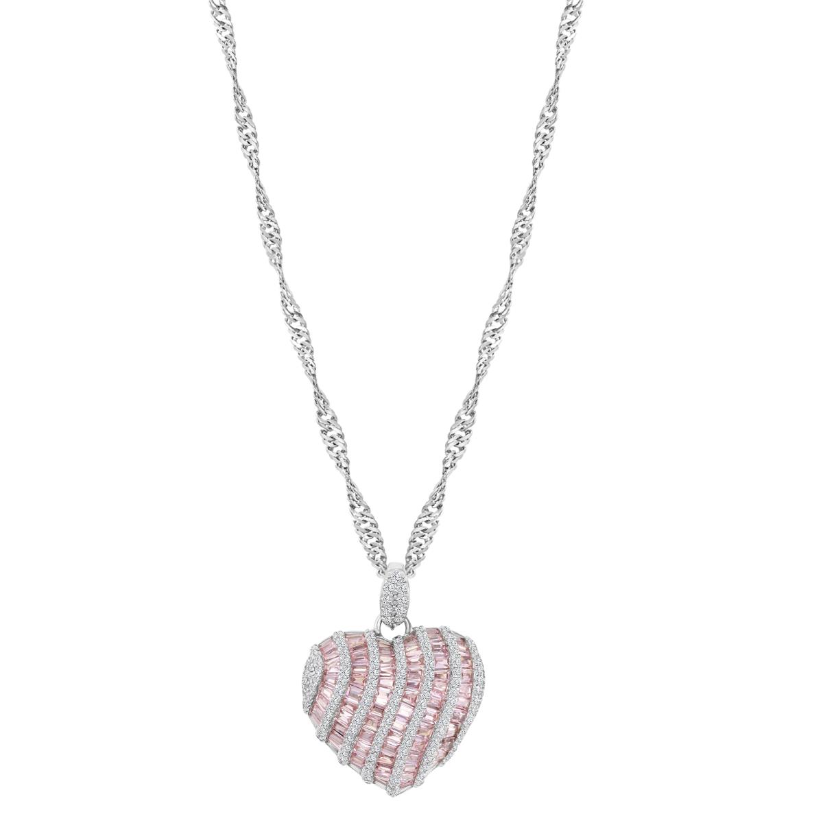 Sterling Silver Rhodium 26MM Polished Pink & White CZ Pave & Baguette Cut Heart 16+2" Sigapore Necklace