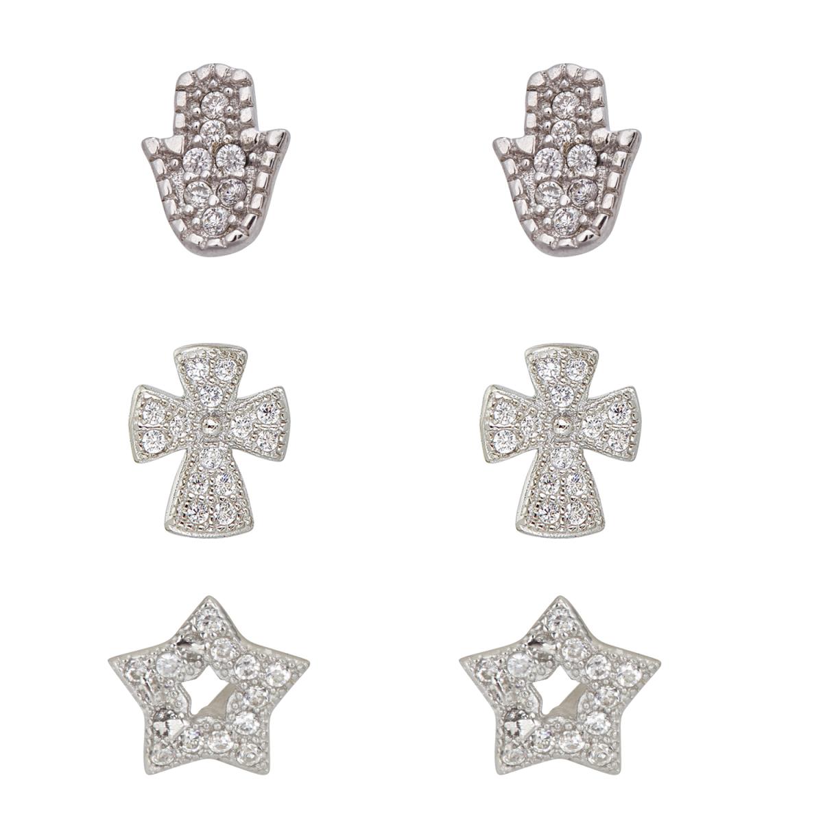 Sterling Silver Rhodium Micropave Religious Stud Set