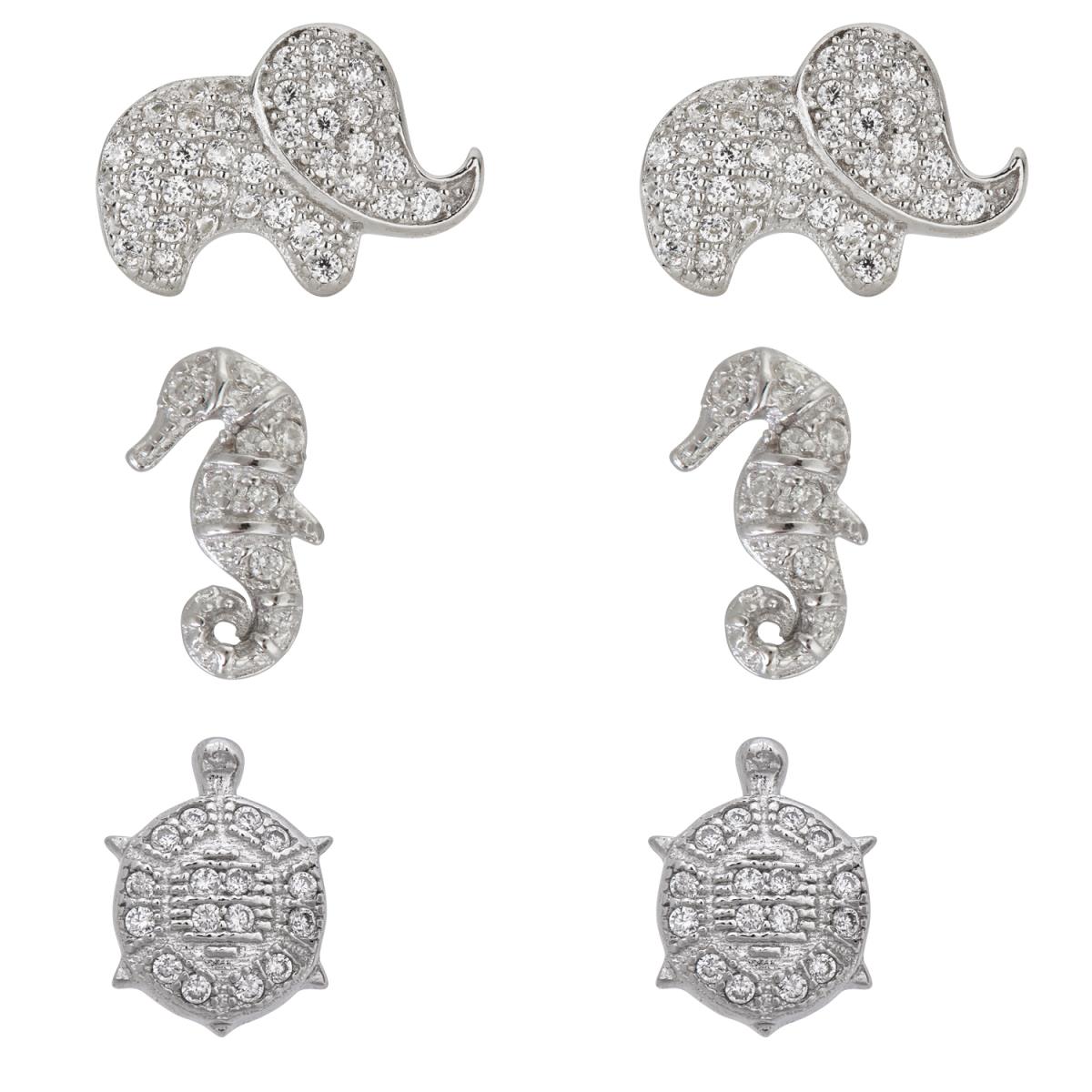 Sterling Silver Rhodium Pave Elephant, See Horse and Turtle Stud Set