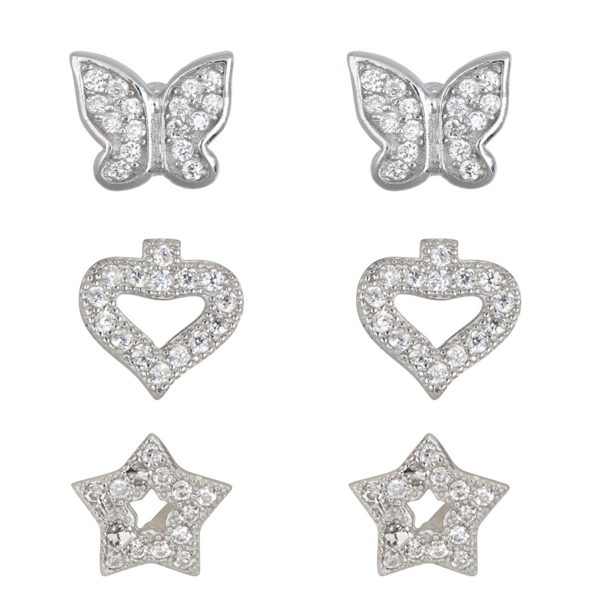 Sterling Silver Rhodium Pave Butterfly, Heart and Star Stud Set