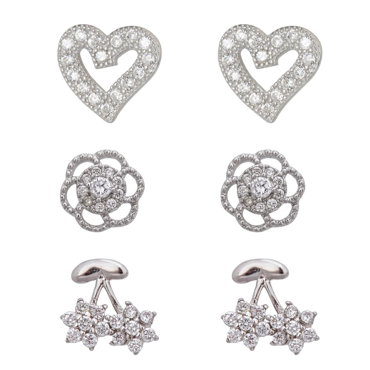 Sterling Silver Rhodium Pave Heart, Flower and Cherry Stud Set