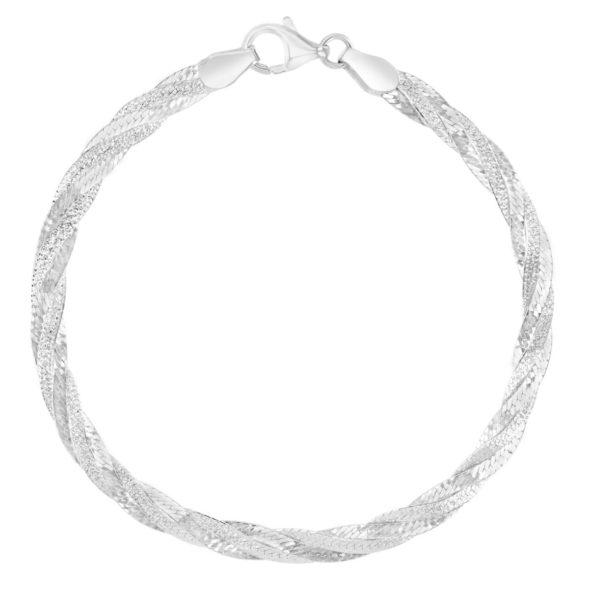 Sterling Silver Rhodium 4MM Polished & Diamond Cut Braided Herringbone 7" Chain Bracelet