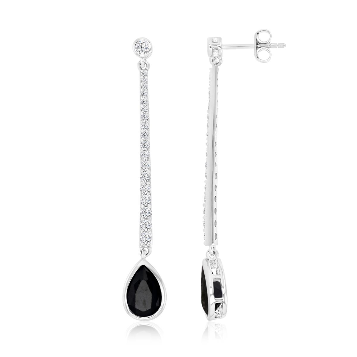 Sterling Silver Rhodium 49X7.6MM Polished Black Spinel & Cr White Sapphire Teardrop Dangling Earrings