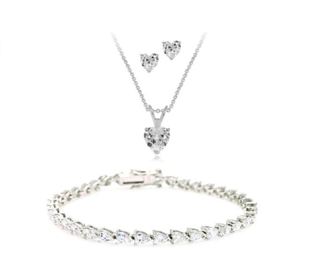 Sterling Silver Rhodium Heart Necklace, Bracelet, and Earring Set