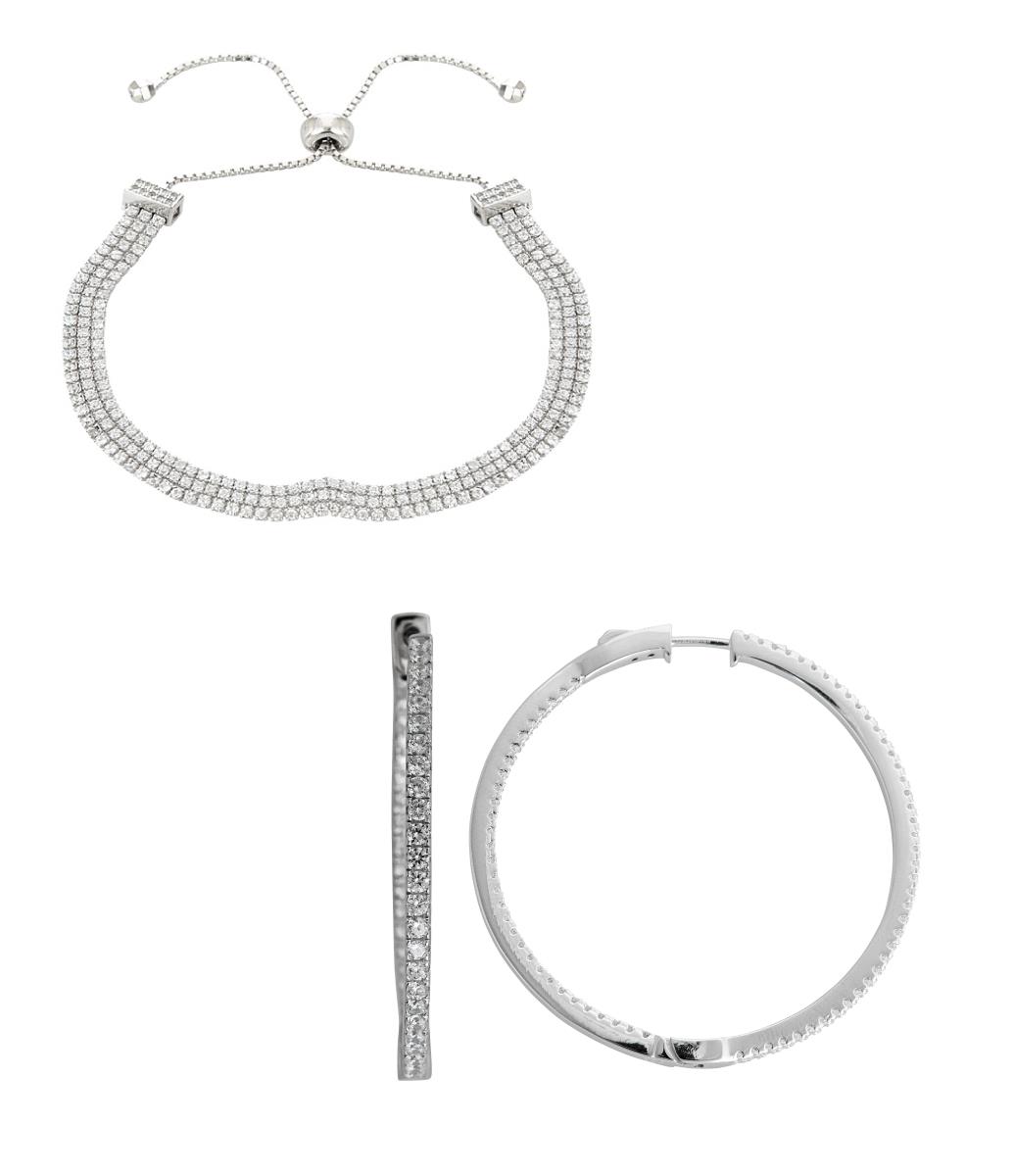 Sterling Silver Rhodium 2X35MM Hoop & 3 Strand Adjustable Bracelet Set