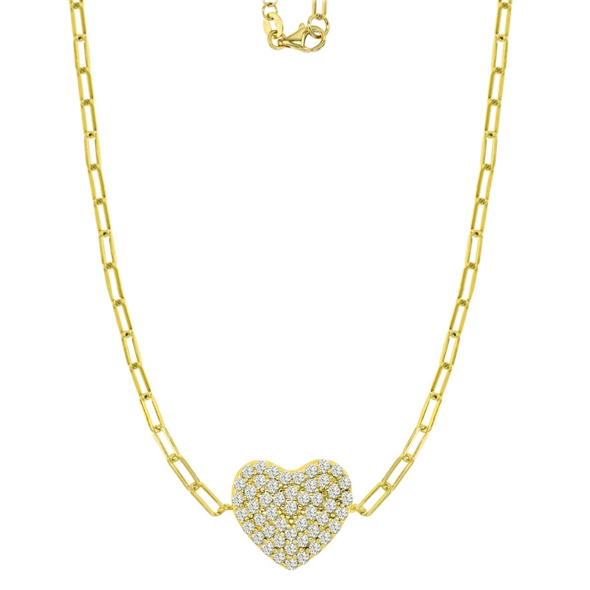 Sterling Silver Yellow 12MM Polished White CZ Paper Clip Pave Heart Link 16+2" Necklace