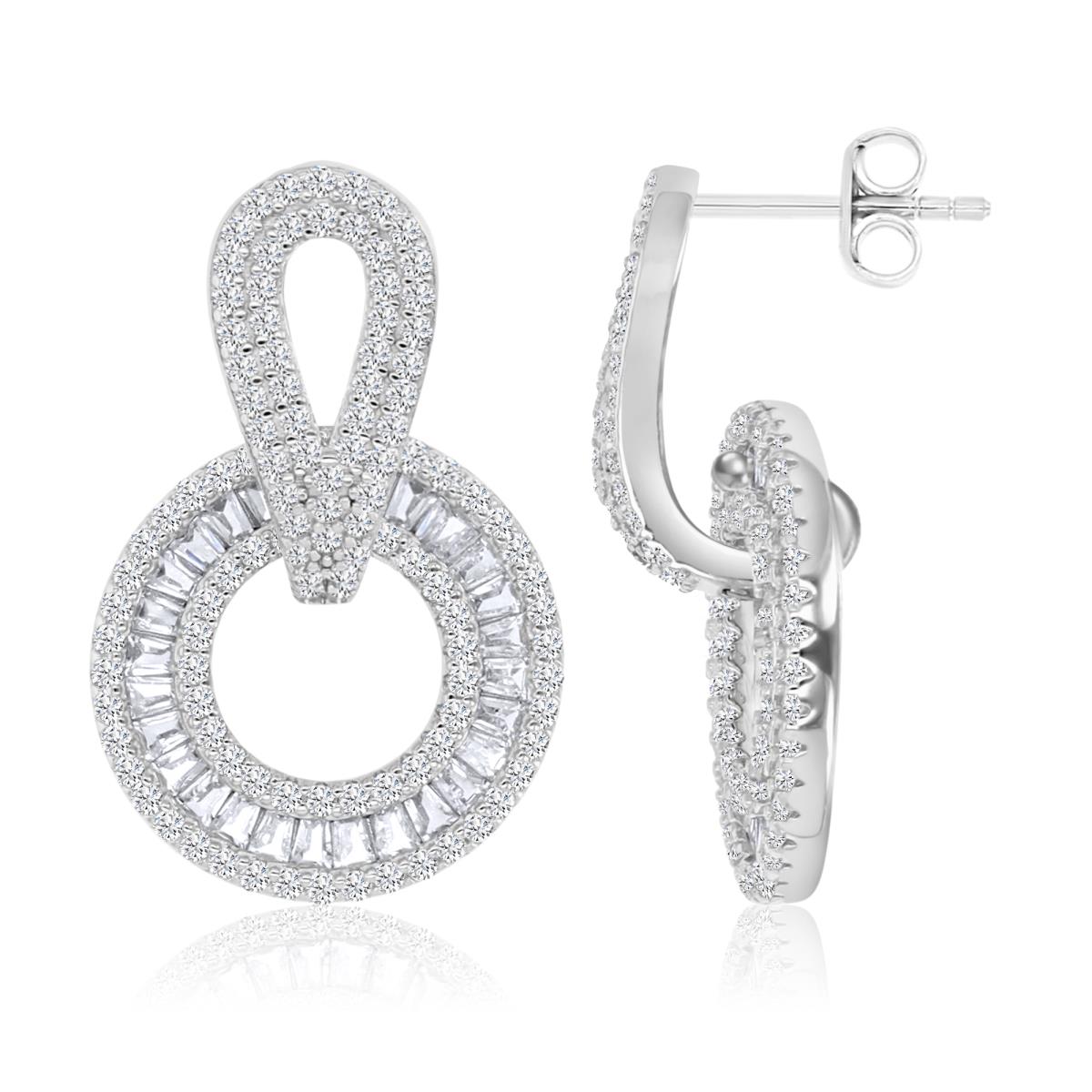 Sterling Silver Rhodium 26MM Polished White CZ Pave & Tap Baguette Dangling Circle Earrings