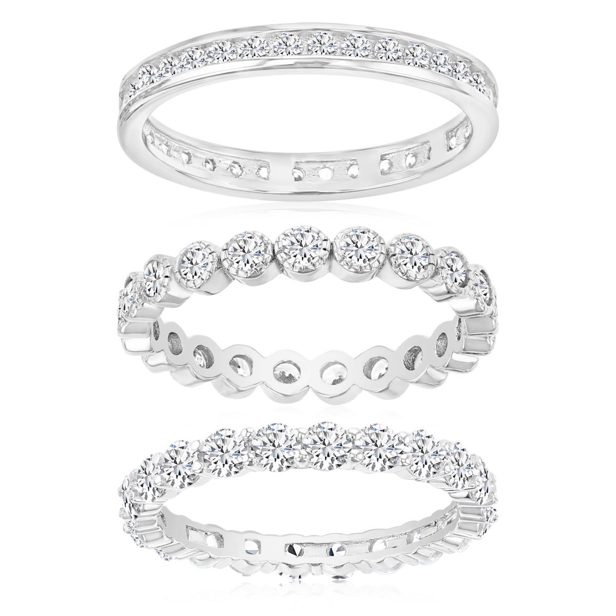 Sterling Silver Rhodium Polished White CZ 2.30MM Round Channel 3.30MM Bezel Milgraine 3MM Prong Eternity Ring Set
