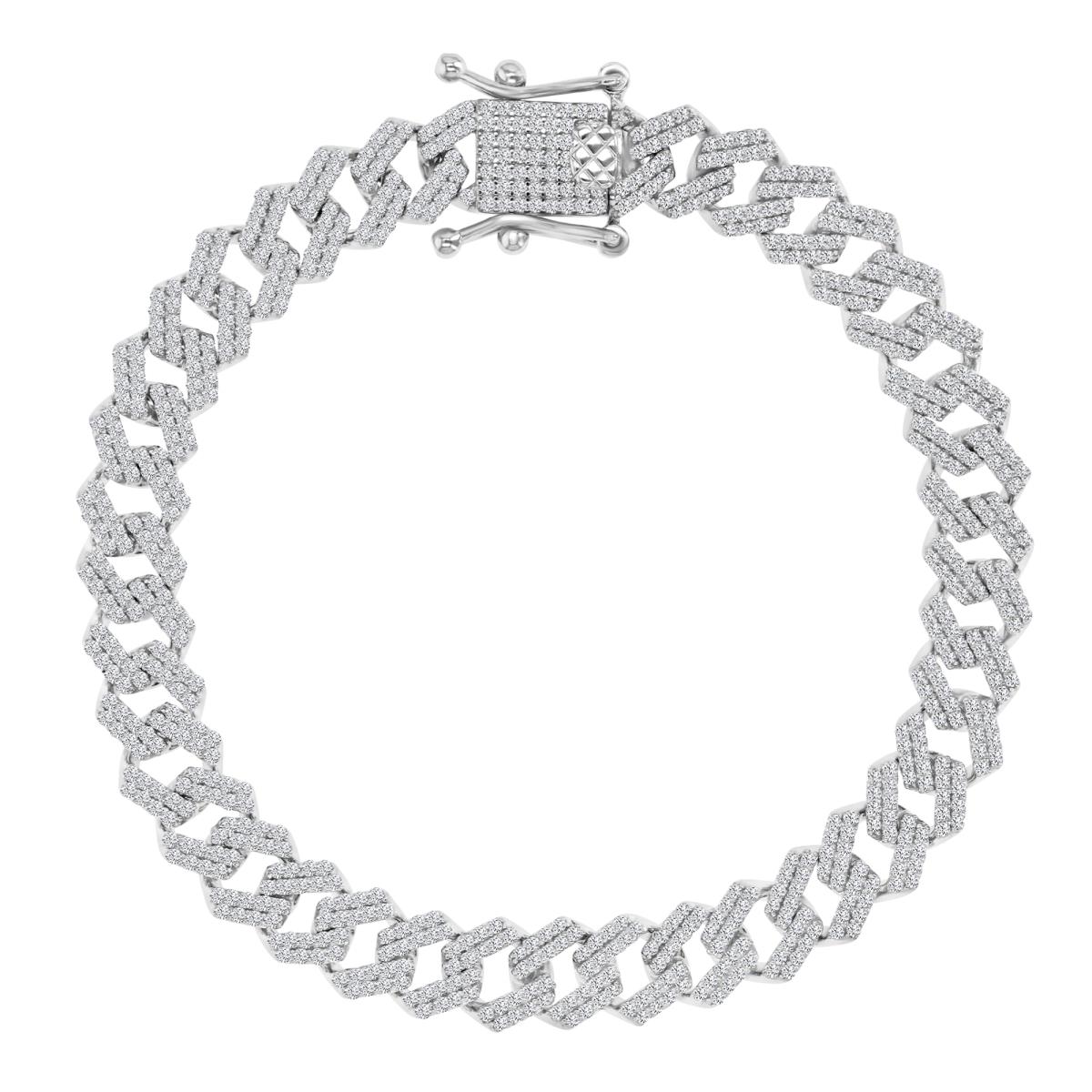 Sterling Silver Rhodium Polished White CZ Curb 8.5" Chain Bracelet