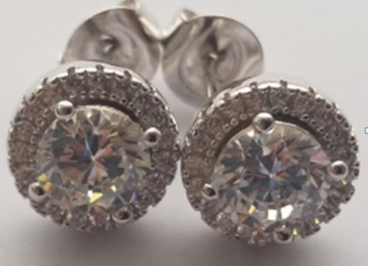 Sterling Silver Rhodium Micropave 6.00mm Round Cut CZ Halo Stud Earring
