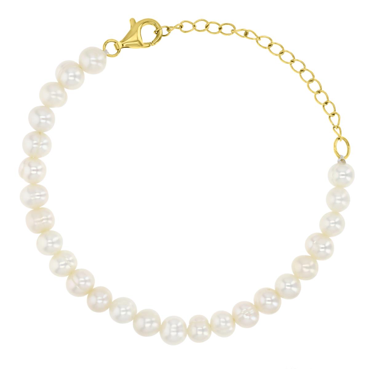 Sterling Silver Yellow Plated 6MM Polished White Simulated Pearl Link 8" Bracelet
