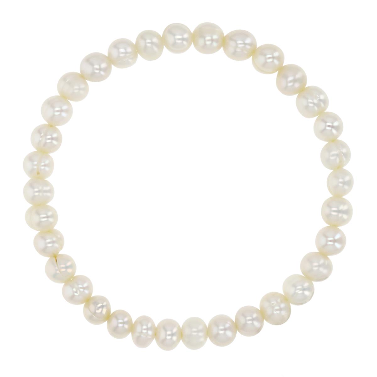 Elastic Band 6MM Polished White Freshwater Pearl 7.5" Bracelet
