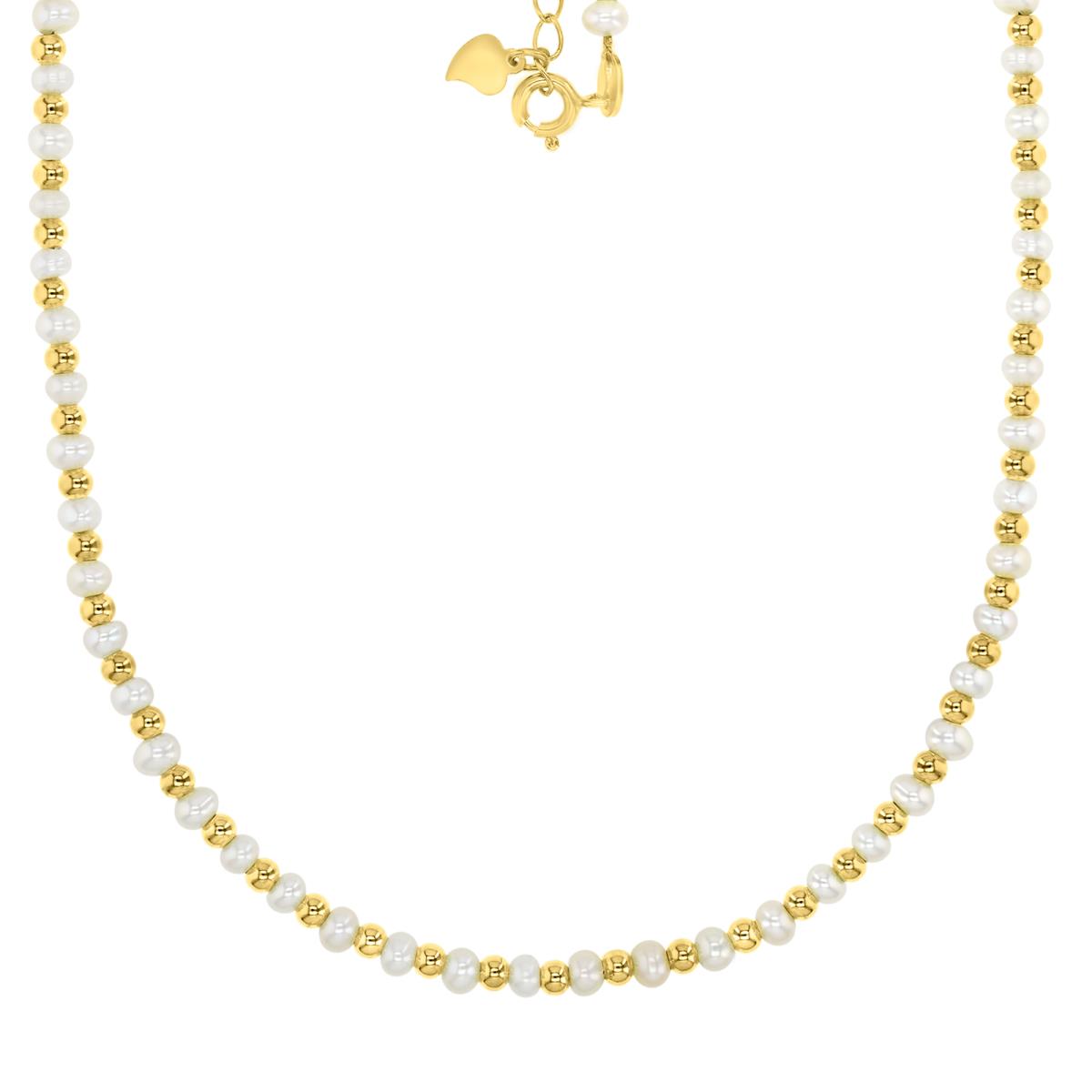 Sterling Silver Yellow Plated 4MM Polished Beaded Round White Freshwater Pearl 16+2" Necklace