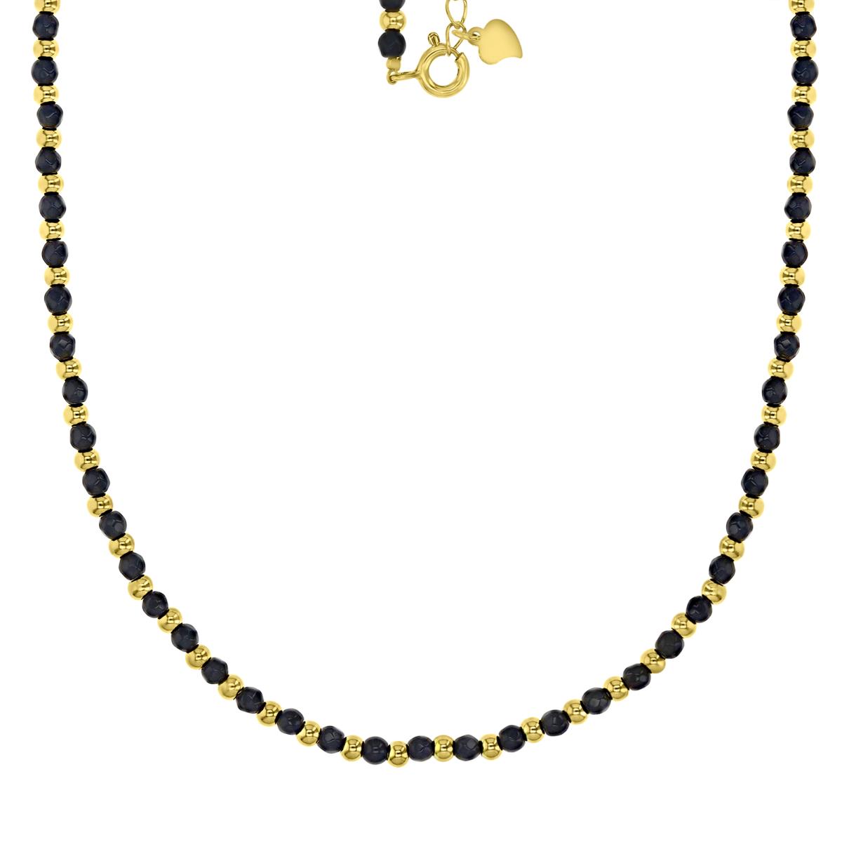 Sterling Silver Yellow Plated 3MM Polished Beaded Black Onyx16+2" Necklace