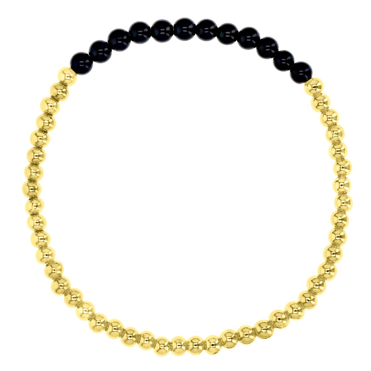 Sterling Silver Yellow Plated 5MM Polished Beaded Black Onyx 7.5" Bracelet