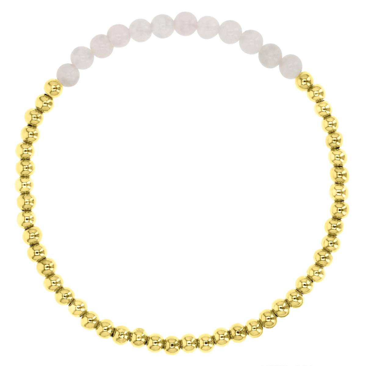 Sterling Silver Yellow Plated 5MM Polished Beaded Rose Quartz 7.5" Bracelet