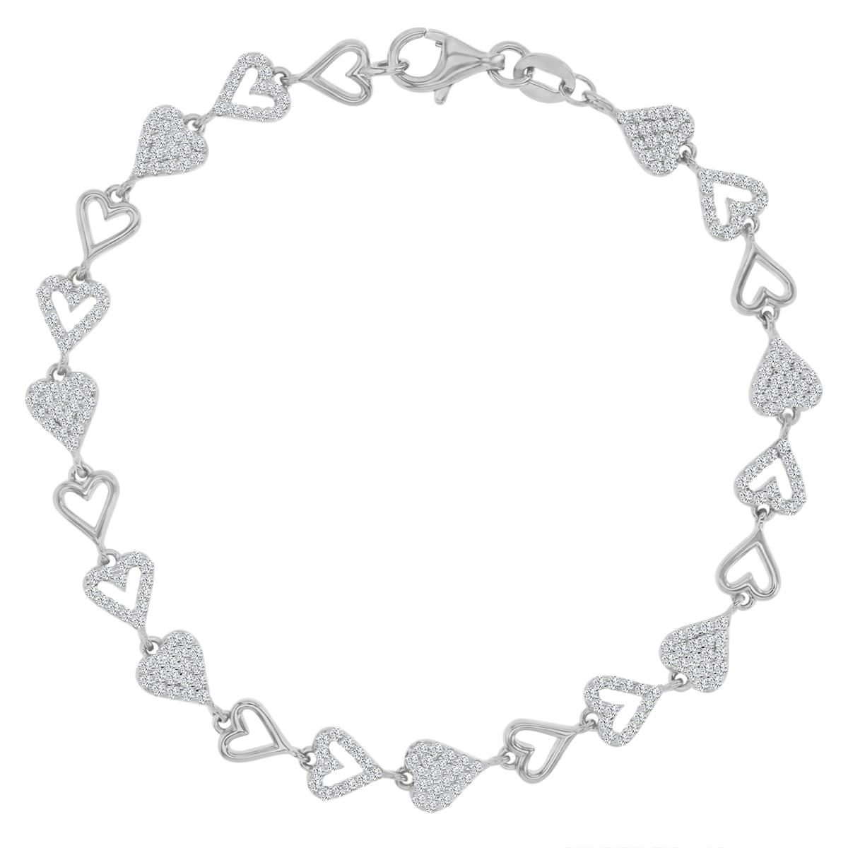 Sterling Silver Rhodium 6MM Polished White CZ Heart Link 7" Bracelet