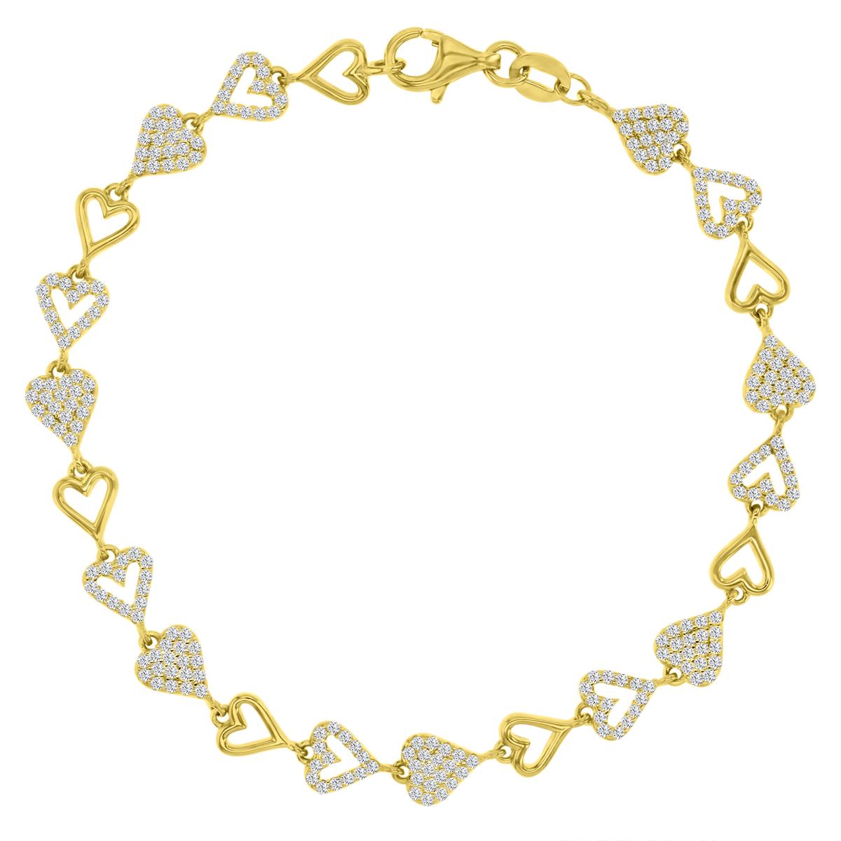 Brass Yellow 6MM Polished White CZ Heart Link 7" Bracelet