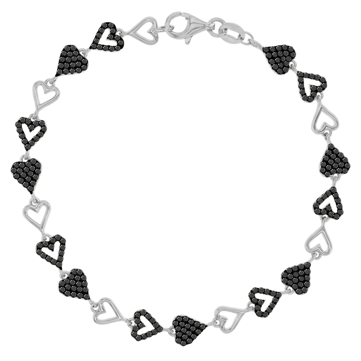 Sterling Silver Black & White 6MM Polished Black Spinel Heart Link 7" Bracelet