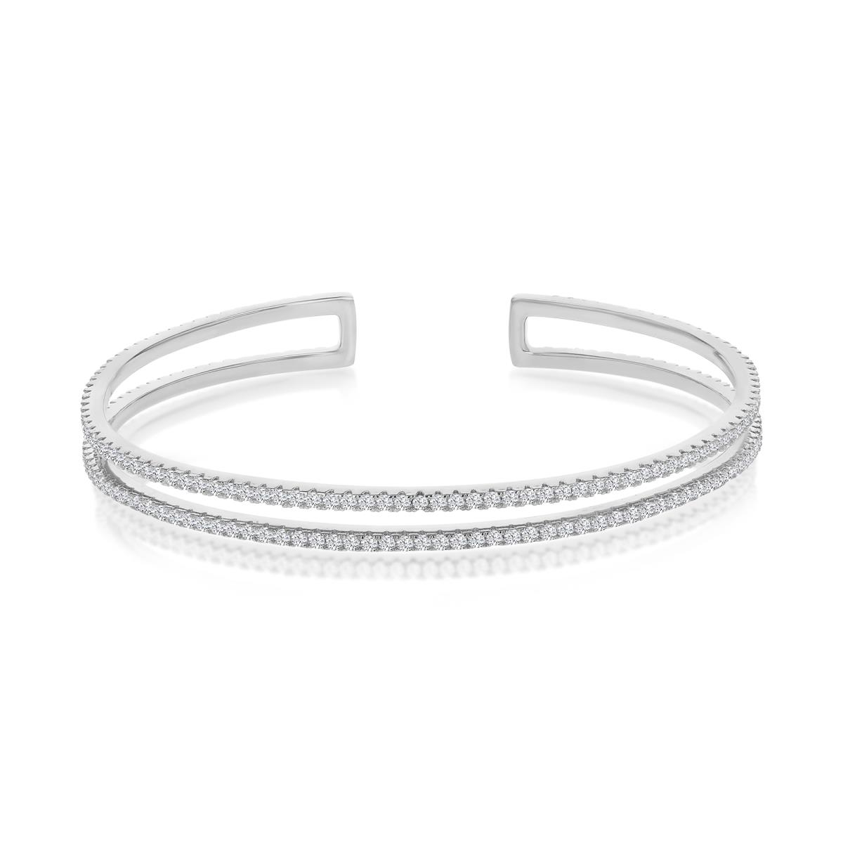 Sterling Silver Rhodium 6X2.5MM Polished White CZ Double Line Open Bangle Bracelet