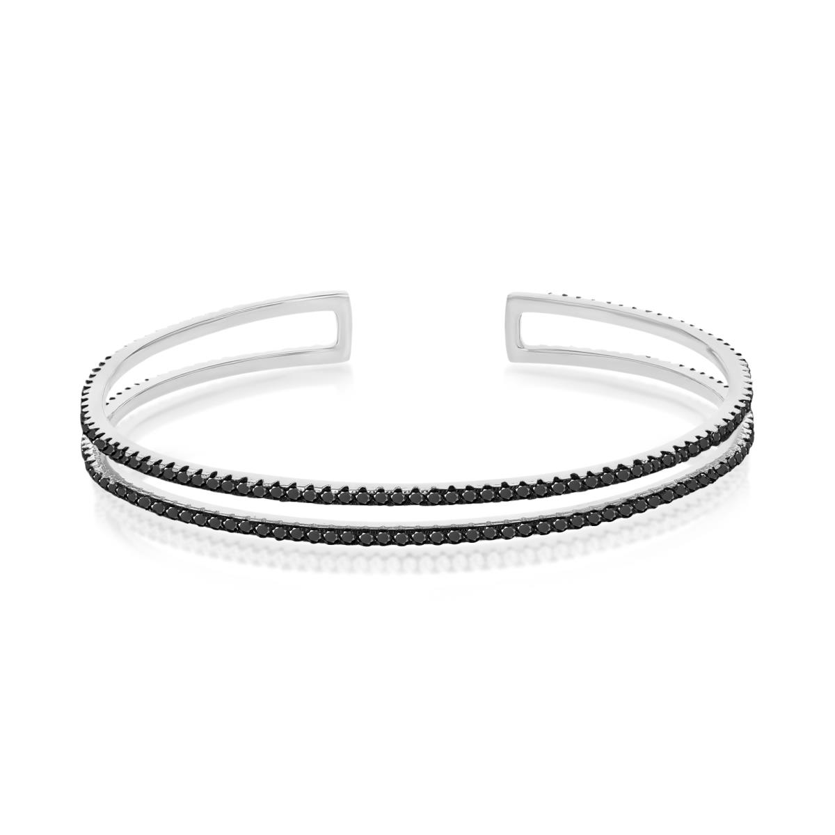 Sterling Silver Black & White 6X2.5MM Polished Black Spinel Double Line Open Bangle Bracelet