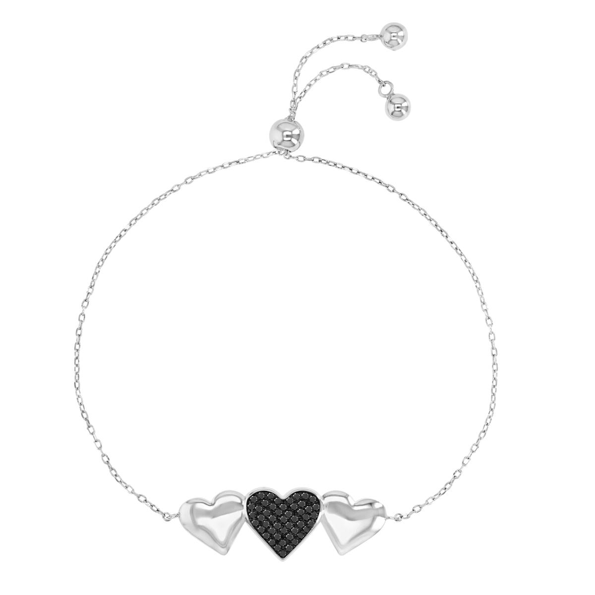Sterling Silver Black & White 30X10MM Polished Black Spinel Triple Heart Adjustable 9.5" Bracelet