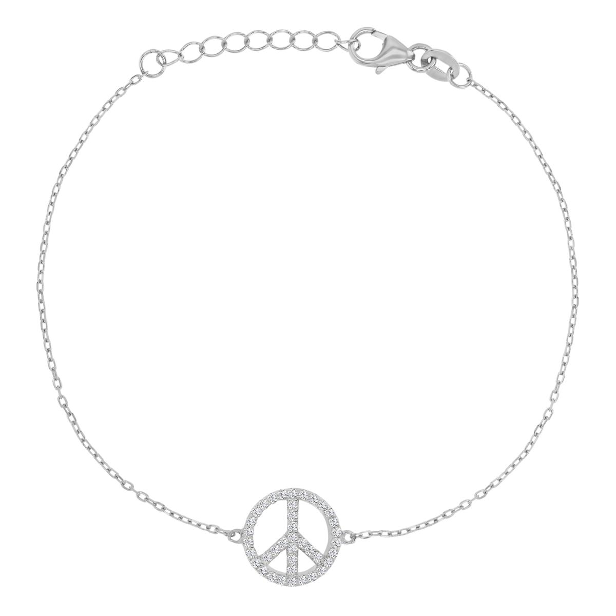 Sterling Silver Rhodium 12MM Polished White CZ Love & Peace Symbol 7+1" Bracelet
