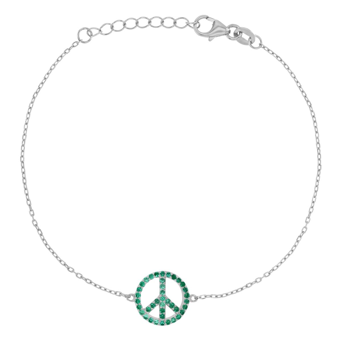 Sterling Silver Rhodium 12MM Polished Green Nano Love & Peace Symbol 7+1" Bracelet