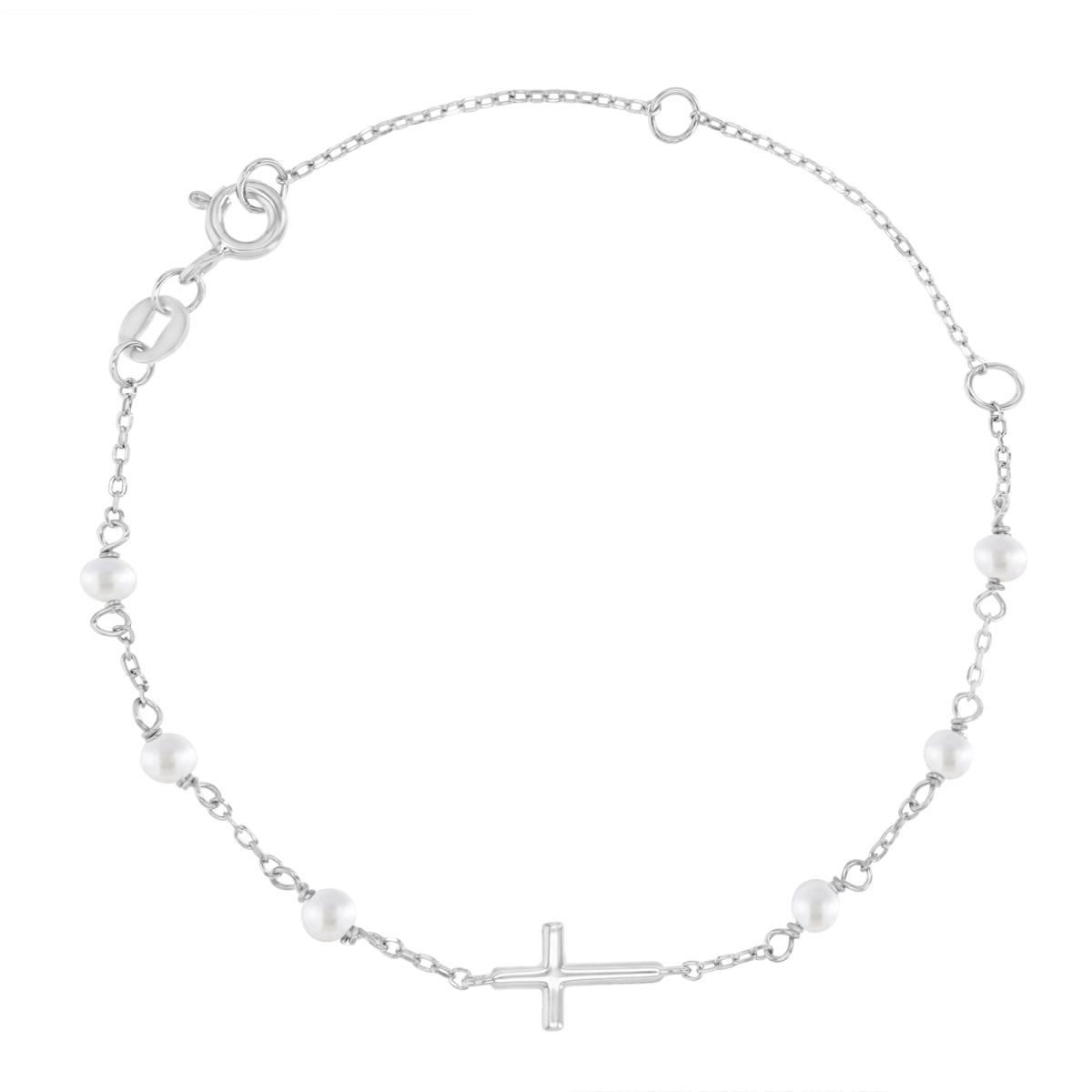Sterling Silver Rhodium 6.5X3MM Polished Cross & White Simulated Pearls 5+1+1" Bracelet
