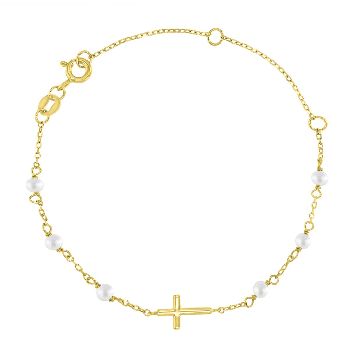 Sterling Silver Yellow 6.5X3MM Polished Cross & White Faux Pearls 9+1" Anklet