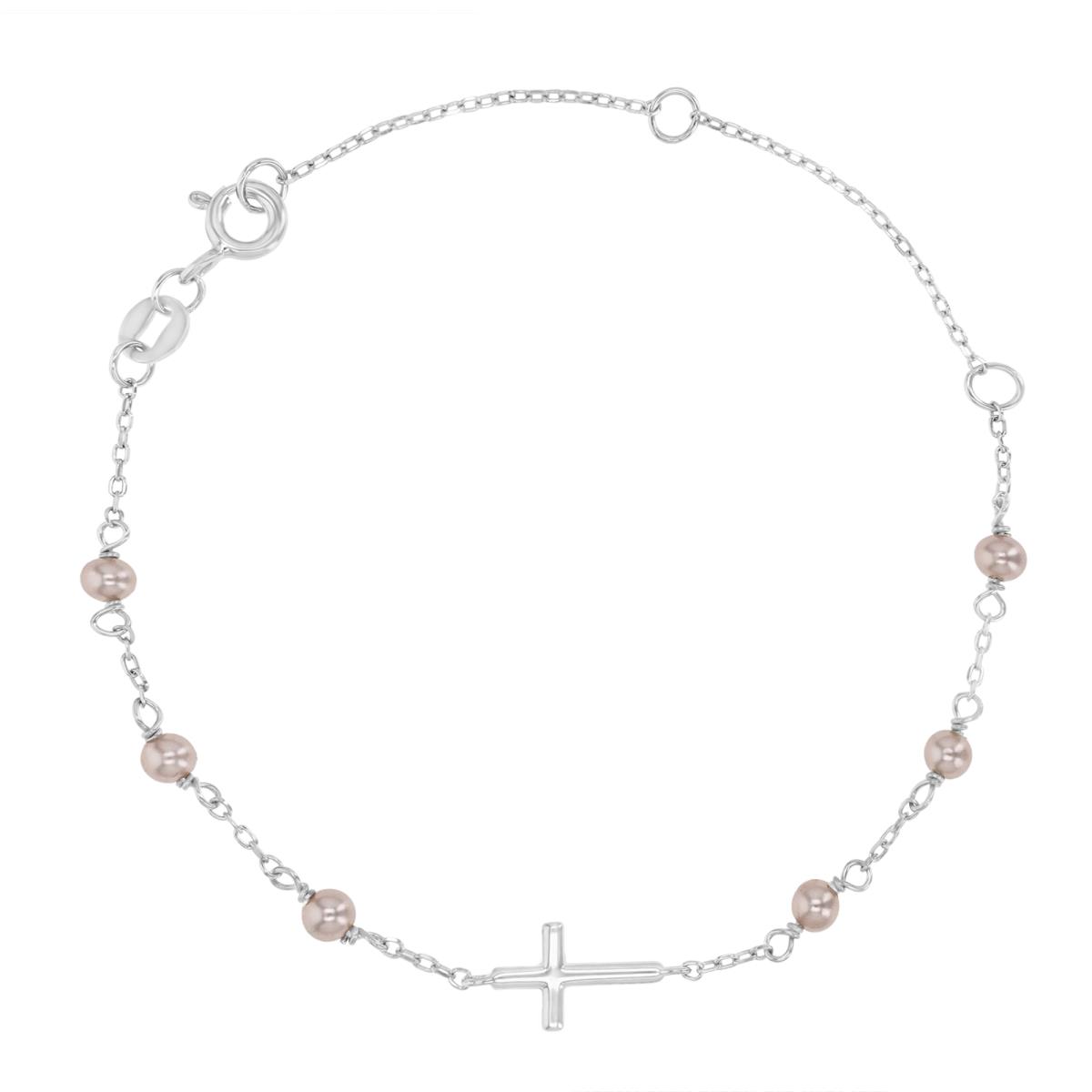 Sterling Silver Rhodium 6.5X3MM Polished Cross & Pink Simulated Pearls 5+1+1" Bracelet