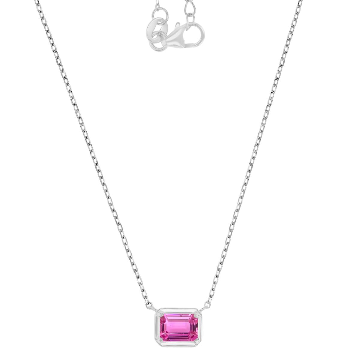 Sterling Silver Rhodium 9X7MM Polished Created Pink Sapphire Emerald Cut 16+2" Necklace