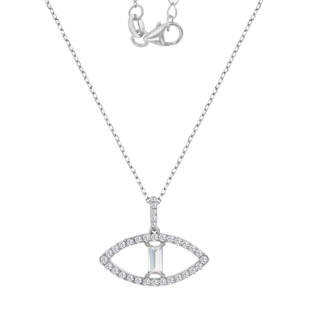 Sterling Silver Rhodium 22X18MM Polished White CZ Evil Eye Straight Baguette Cut 16+2" Necklace