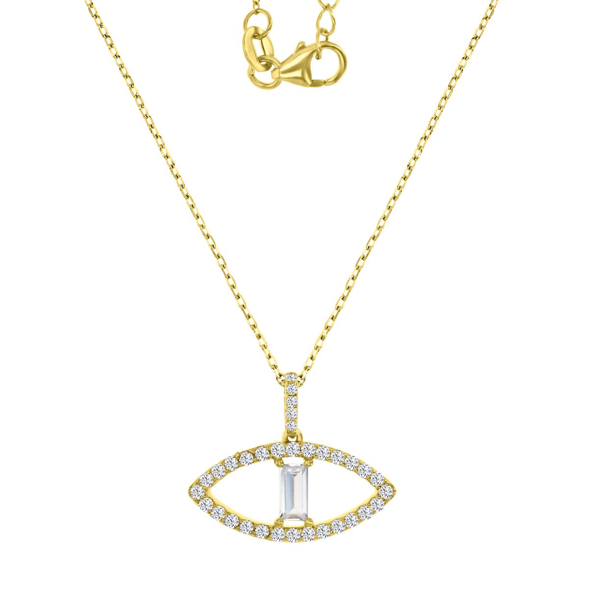 Sterling Silver Yellow 22X18MM Polished White CZ Evil Eye Straight Baguette Cut 16+2" Necklace