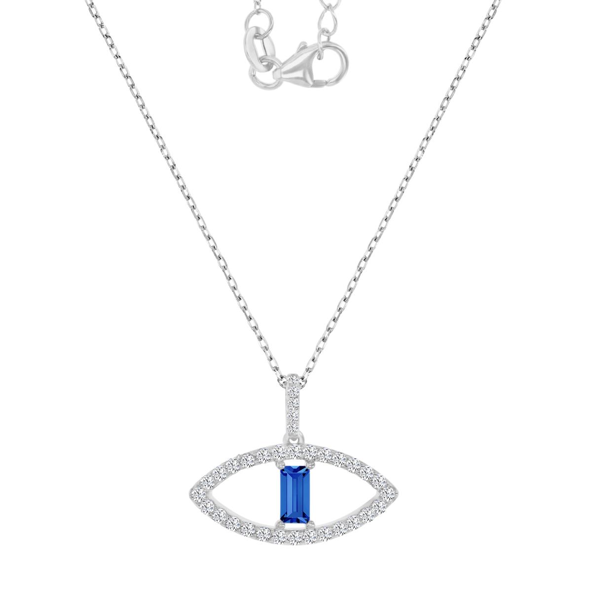 Sterling Silver Rhodium 22X18MM Polished Cr Blue Spinel & White CZ Evil Eye Straight Baguette Cut 16+2" Necklace