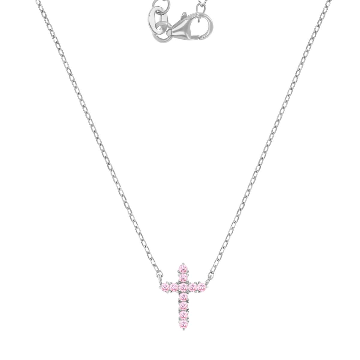 Sterling Silver Rhodium 12X9MM Polished Pink CZ Cross Rolo Link 13+2" Necklace